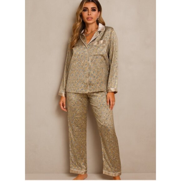 Luxury 100% Silk Pajama Set Women’s Beige Blue Geometric Print Button Top & Pant - Picture 10 of 10